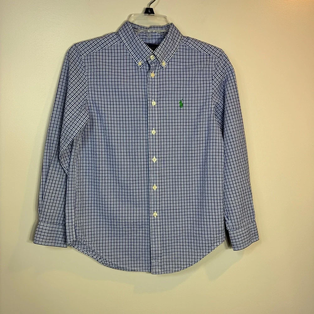 Ralph Lauren Button Down Shirt Long Sleeve‎ Kids Medium Polo Blue Gingham Preppy